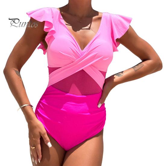 

Женский монокини глубокий V-образный вырез сетчатый сплайсинг оборки рукава купальник однотонный быстросохнущий цельный бикини S розы красного