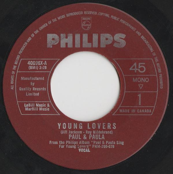 

7inch Record PAUL & PAULA - Young Lovers 40096X Philips 1963 Canada Rock Used