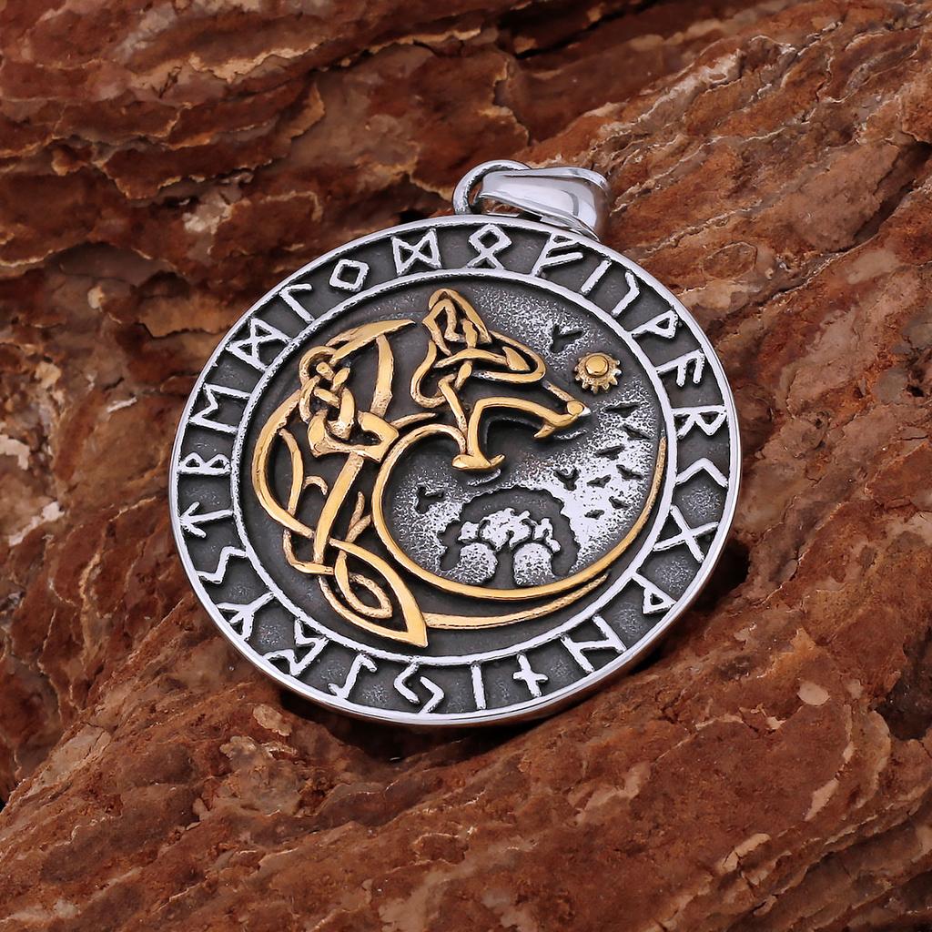 Stainless Steel Nordic Mythology Wolf Necklace Viking Vintage Rune Amulet for Men Women Pendant Jewelry Gift
