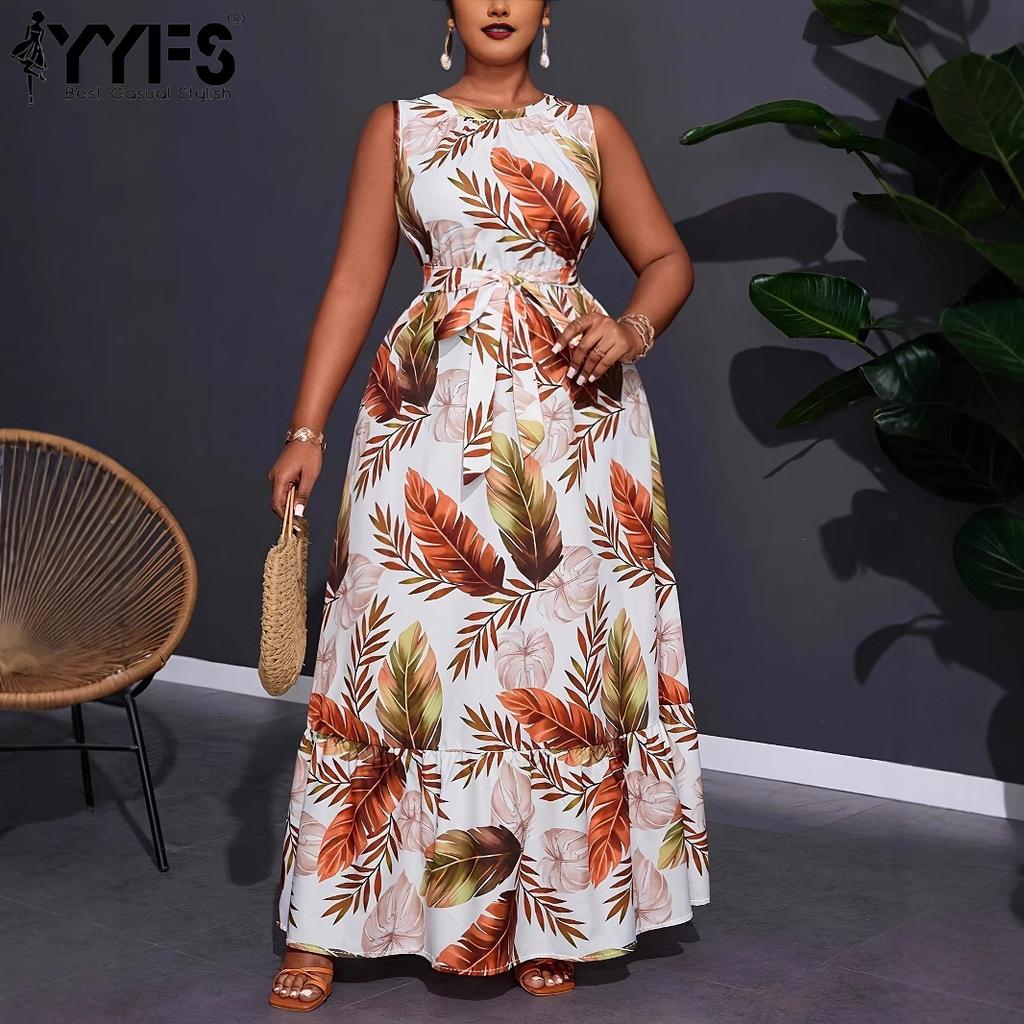YYFS Women's Fashion Summer Spring Feather Print Sleeveless O-Neck High Waist Casual Dresses