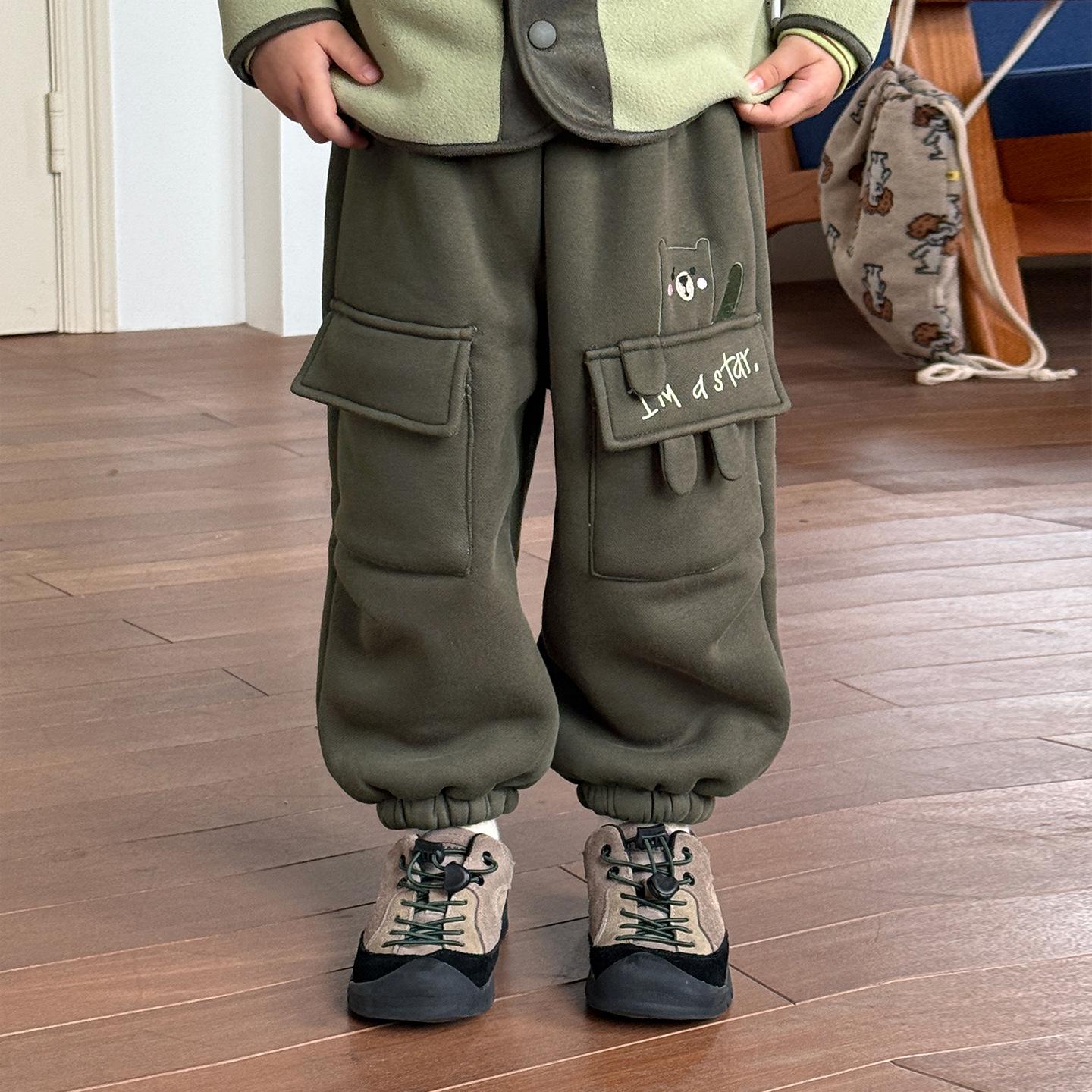 

Зимние флисовые спортивные штаны для мальчиков - Толстые повседневные брюки для модных детей 130 cm армия зеленый