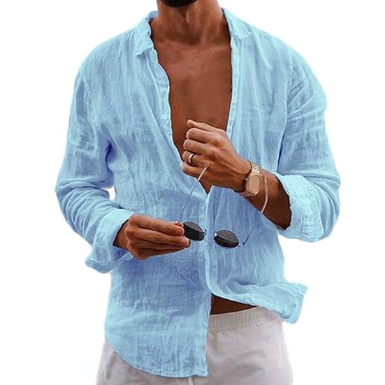 Men Lapel Long Sleeve Shirt Tops Pleated Thin Solid Color Single Breasted V-neck