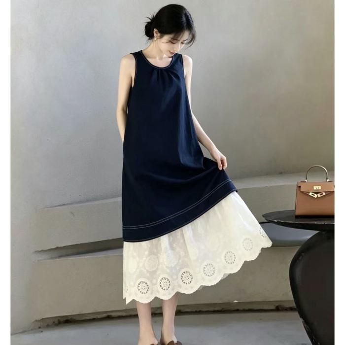 Blue dress women s summer 2026 new French holiday style girly lace splicing sleeveless vest S