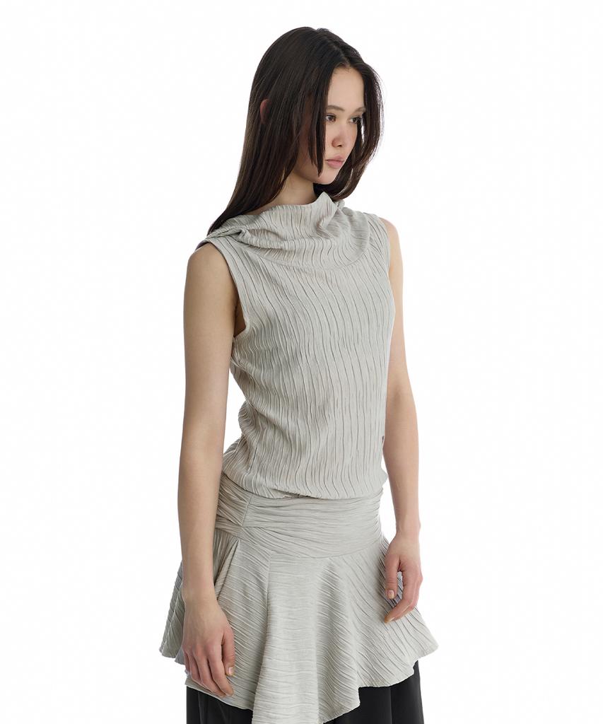 Teulimingbeodeu Crinkle Draped Hooded Sleeveless Dress [ Beige ]