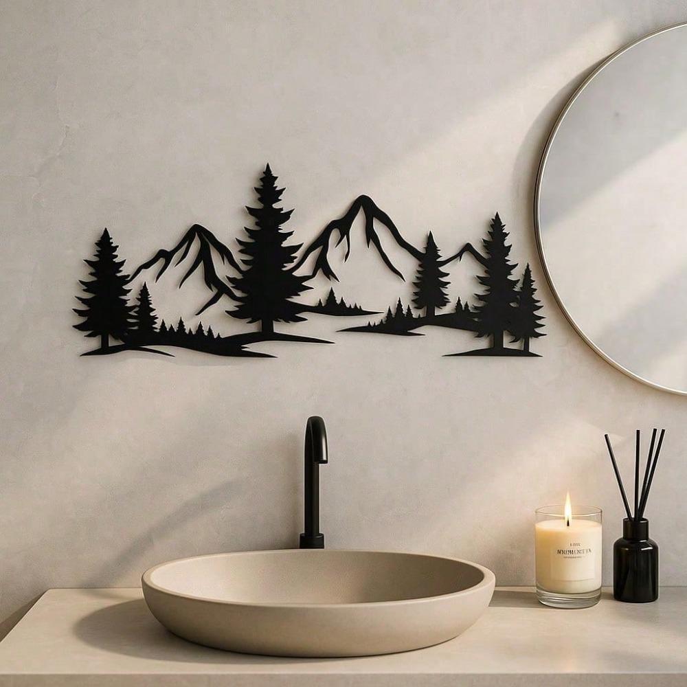 Metal Wall Art Mountain Forest Black Decor For Living Room Bedroom Office Modern Farmhouse Rustic Nature Inspired Wall Hanging Sign