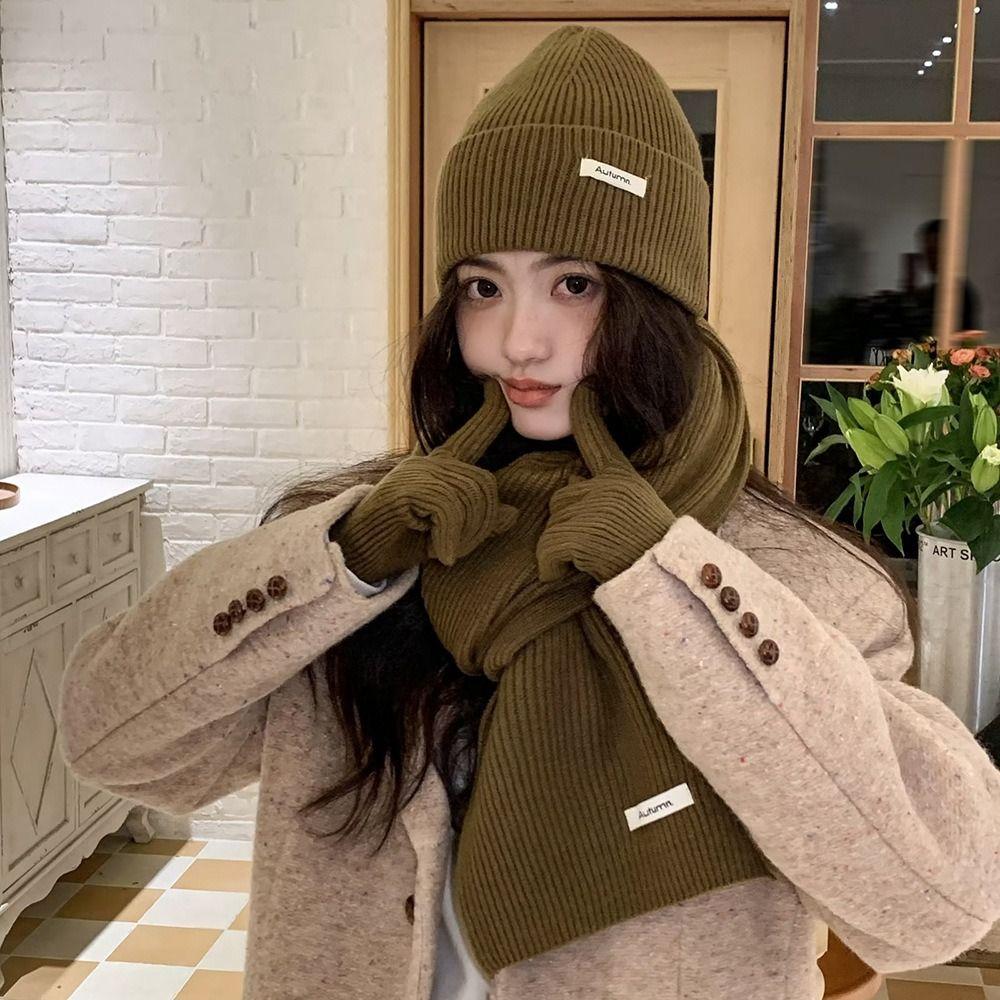 Einfarbige Thermostrickmütze Woll-Wintermütze Mützen-Schal-Handschuh-Set Damen/Herren