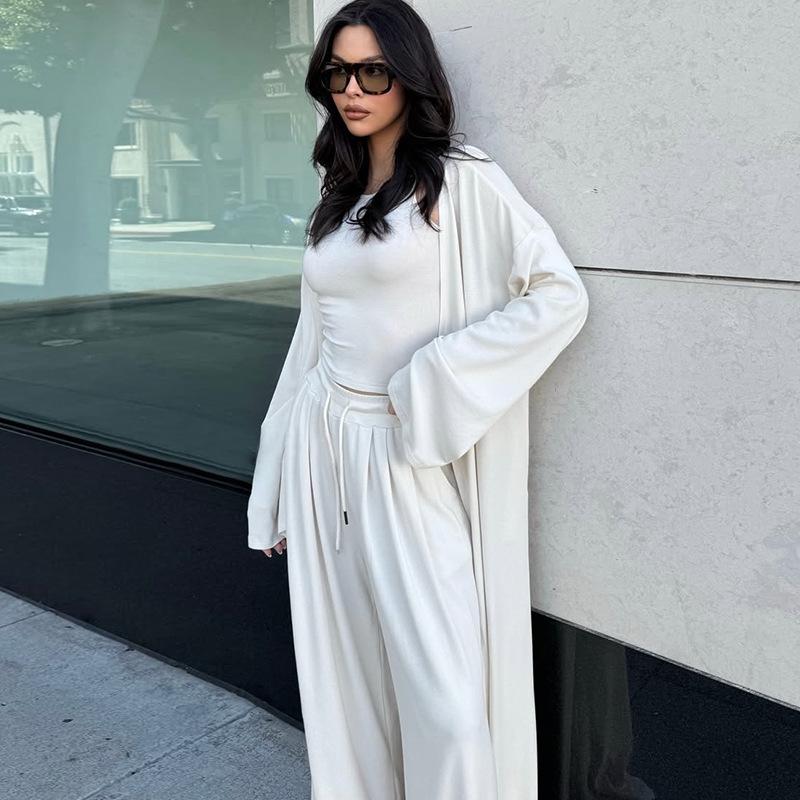 2025 Spring/Summer Women's Three-Piece Set: Casual Long Coat, Camisole, and Tie-Up Wide-Leg Pants