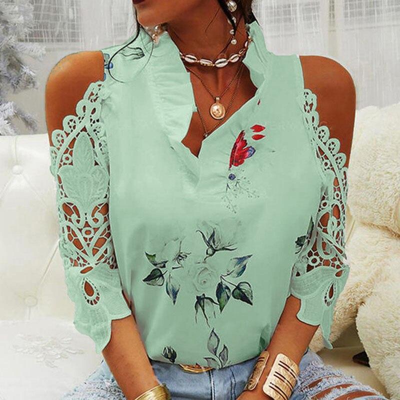 Sexy Hollow Out Vintage Blouse Women V-Neck Elegant Lace Shirts Summer  Printed Short Sleeve Blouses Female Casual Tops 19361