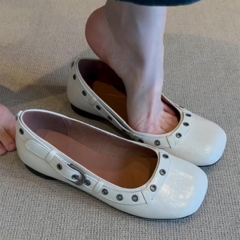 

Soft leather temperament belt buckle one pedal soft-soled ballet single shoes women s new handmade rivets commuter flat-soled evening shoes 40