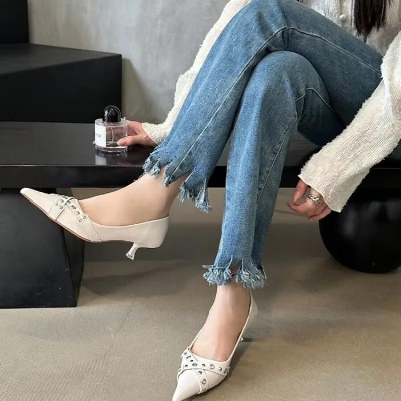 High Heeled Shoes for Women 2024 New French Pointed Temperament Cross Metal Shallow Mouth Single Shoes Heels Women