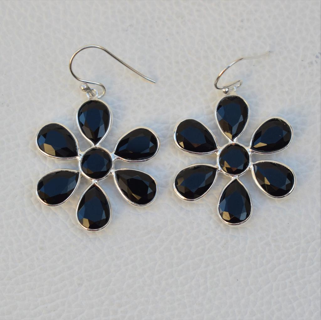 Faceted Black Onyx Earrings, Flower Design Earring, 925 Sterling Silver Handmade Earring, Gift for Her, December Birthstone