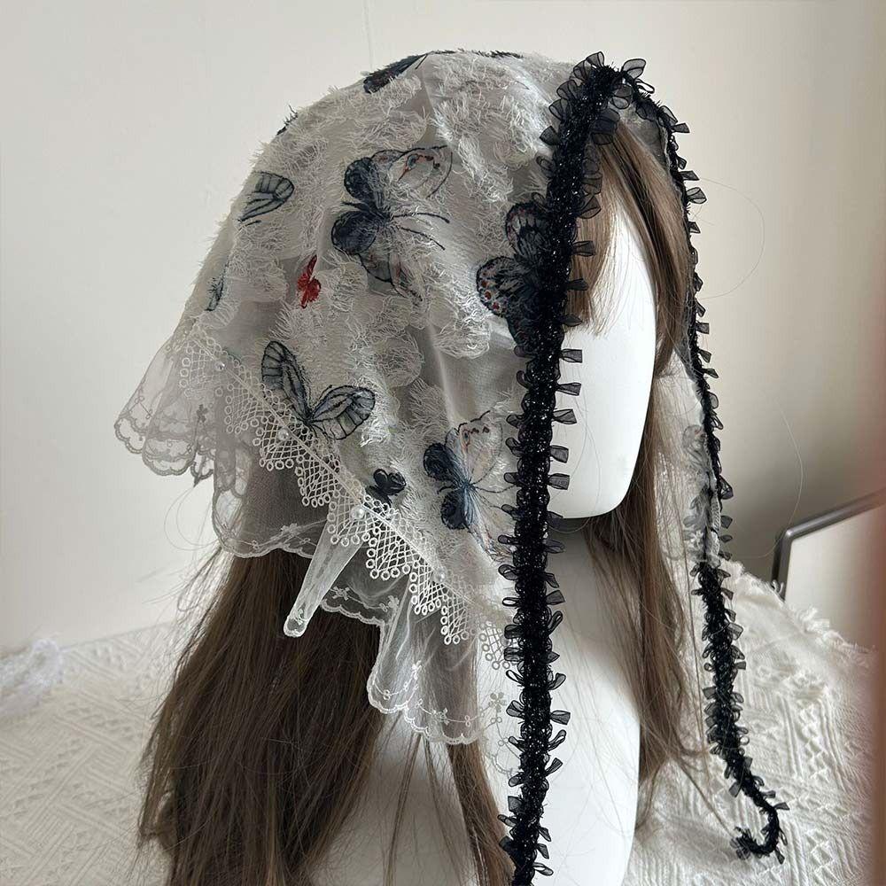 White Lolita Headscarf 3D Butterfly Lace Hair Band  Travel Beach Picnic Photoshoot