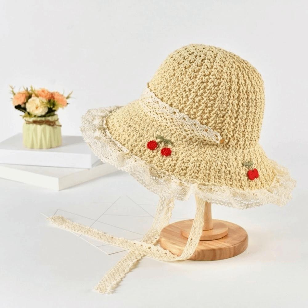 Cappello da Pescatore in Paglia Ricamato con Ciliegie Cappello a Secchiello Intrecciato all'Uncinetto Cappello da Sole Unico per Donna