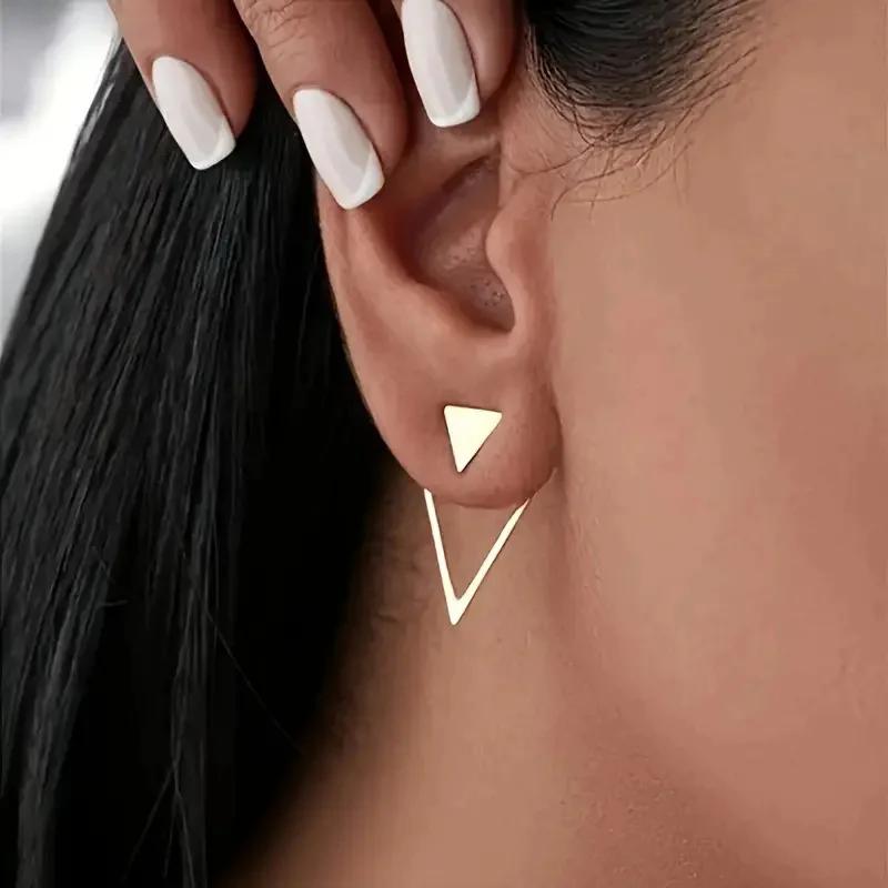 Geometric Triangle Back Hanging Stud Earrings for Women Gold Color Earring Jewelry Accessories AVE