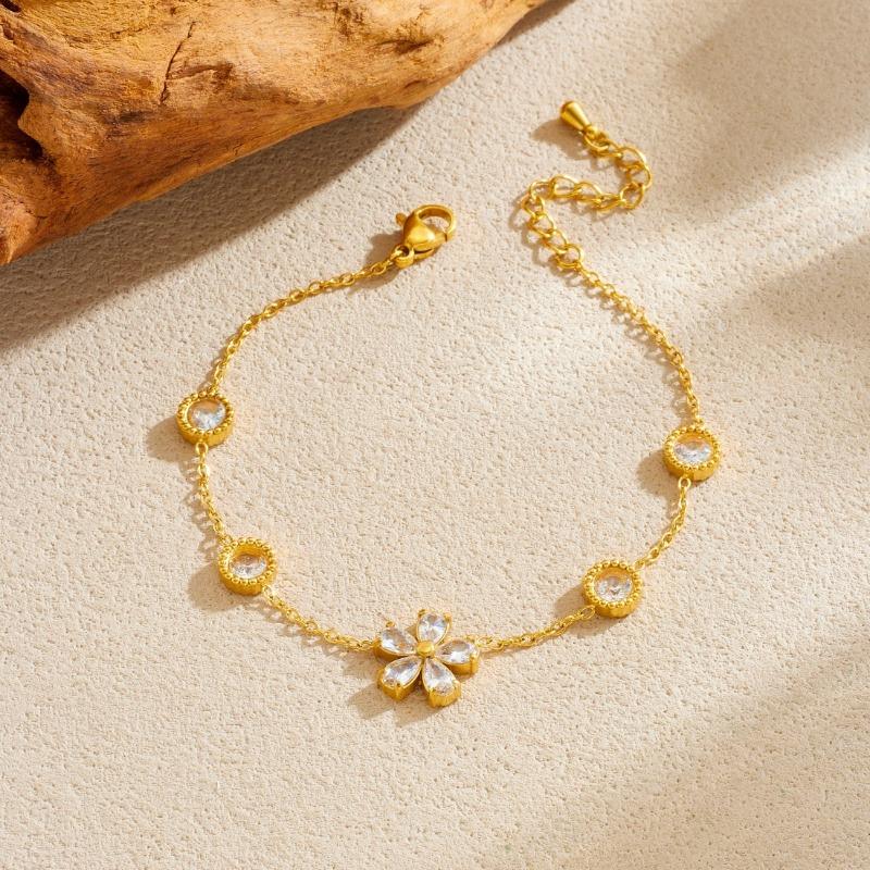 Gold Flower Charm Bracelet with Crystal Accents for Women