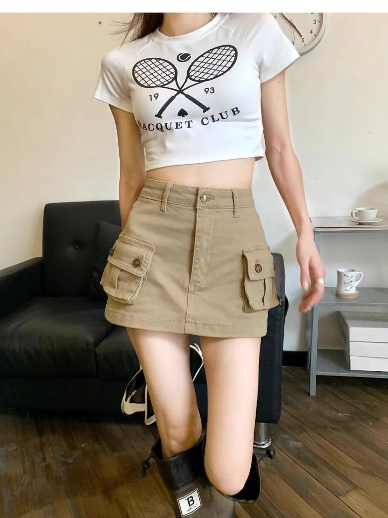 

Sexy Khaki A-line Workwear Pocket Skirt for Women - Autumn Denim Short Hip Skirt XL
