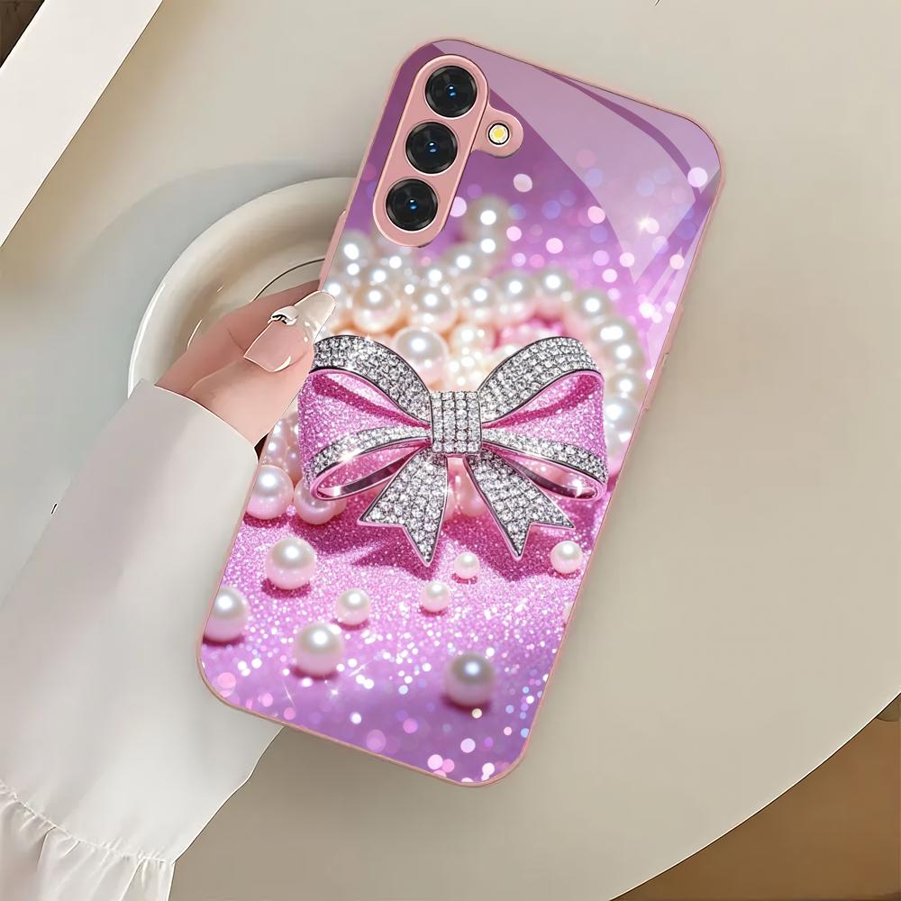 Diamond bow metal paint glass phone case suitable for Samsung Galaxy S26 S25 S24 S22 S21 S20 FE/Ultra/Plus anti drop back cover