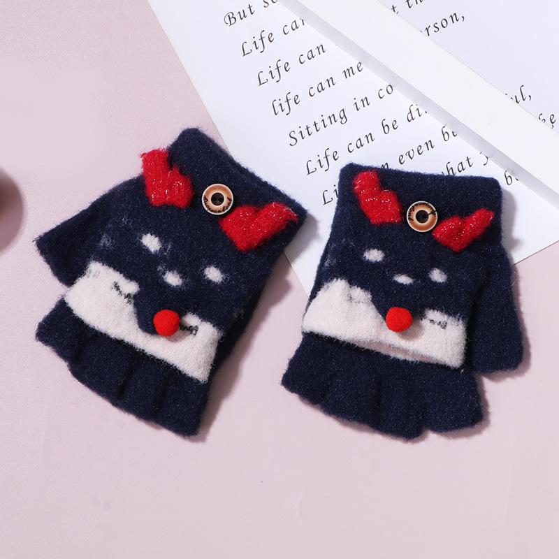 Winter knitted flip half-finger gloves jacquard deer imitation mink cover gloves baby warm back cover gloves