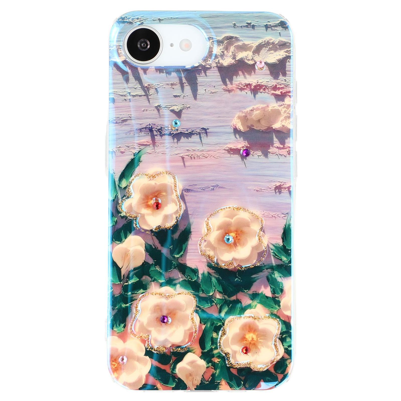 

Для чохла iPhone 16e Квітковий візерунок IMD TPU Задня кришка телефону Декор стразами White Flower