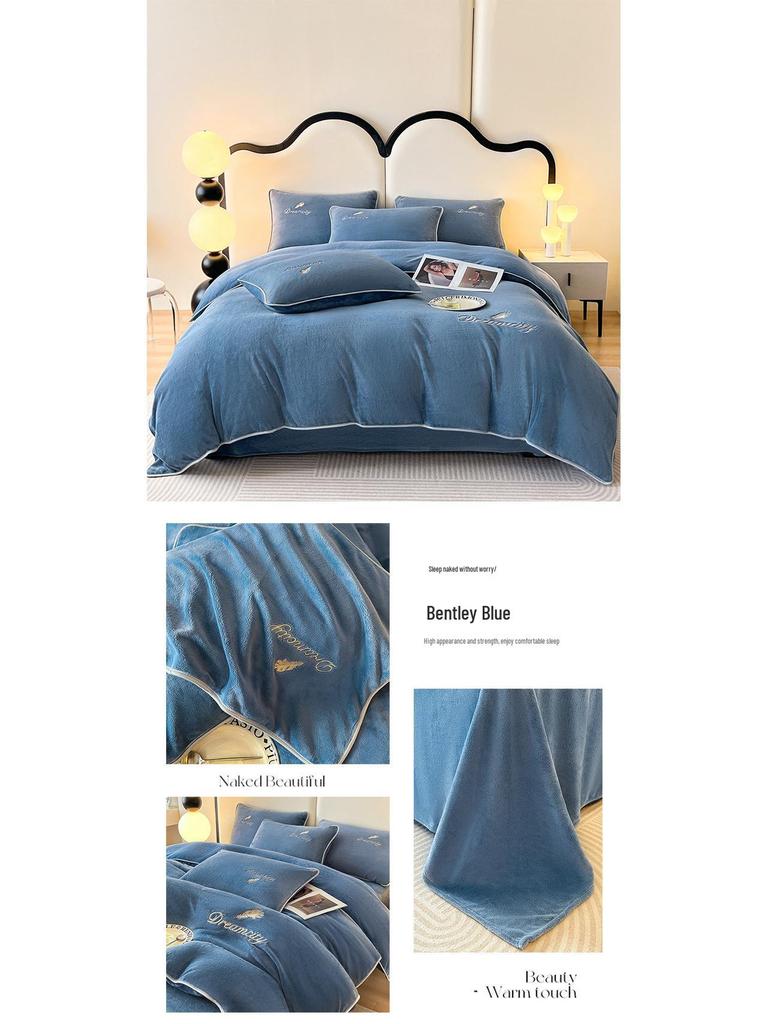 Class A Winter Double-Sided Velvet Coral Fleece Quilt Cover and Bed Sheet Set (4-Piece)