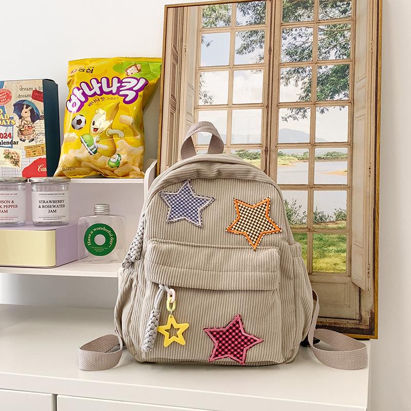 Corduroy Backpack Women'S Style Solid Color Versatile Star Schoolbag Female Middle School Student Small Backpack