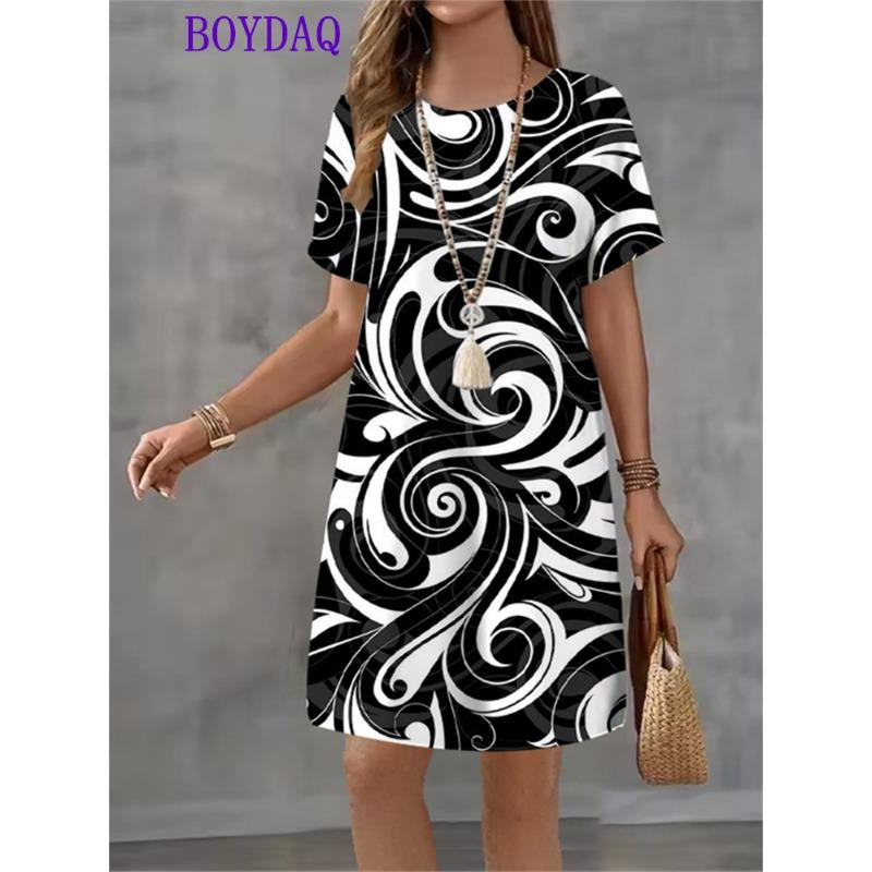 Women Dress Vintage Print Short Sleeve O-Neck Dresses 2025 Summer Autumn Fashion Casual Harajuku Dress Female Party Clothing