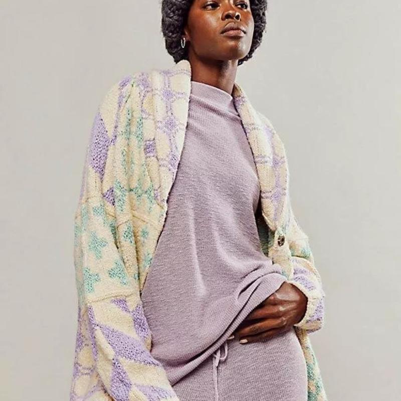 

Geometric Pattern Knit Cardigan with Notched Lapel, Long Sleeve Open Front Coat in Navy Blue, Green, White, and Black One size світло-фіолетового кольору