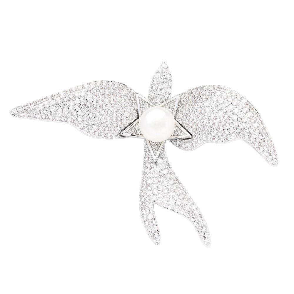 Broche colomb blanc en forme d'étoile incrustée de diamants, luxe léger, épingle animale élégante et haut de gamme, corsage en perles d'eau douce naturelles pour femmes