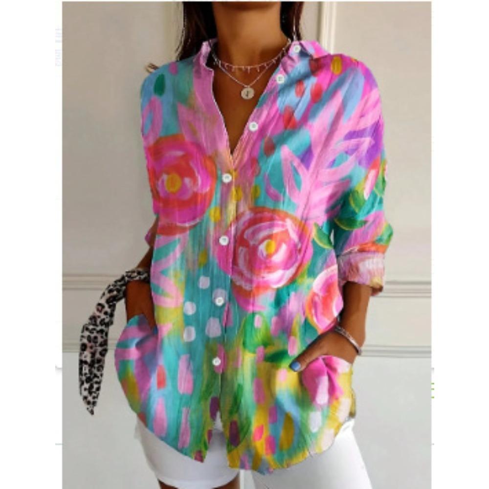 Plus Size Women Long Sleeve Button Shirt Solid Floral Casual Comfort Blouse