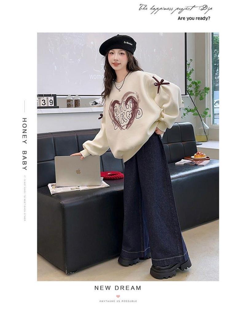 Girls' Fleece-Lined Spliced Sweatshirt: Stylish Autumn/Winter Pullover for Kids