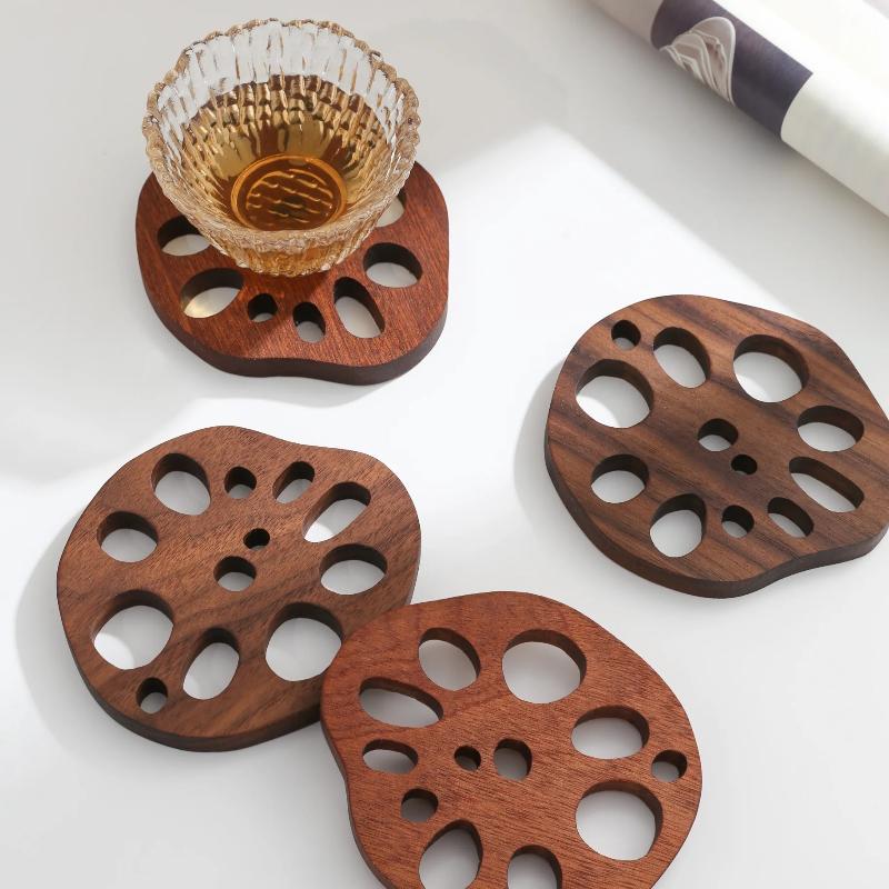 Wood Coasters Cute Decorative Lotus Root Cup Pad Eco-friendly Beech Coaster Reusable Hollow Mats for Tableware Bowl Plate