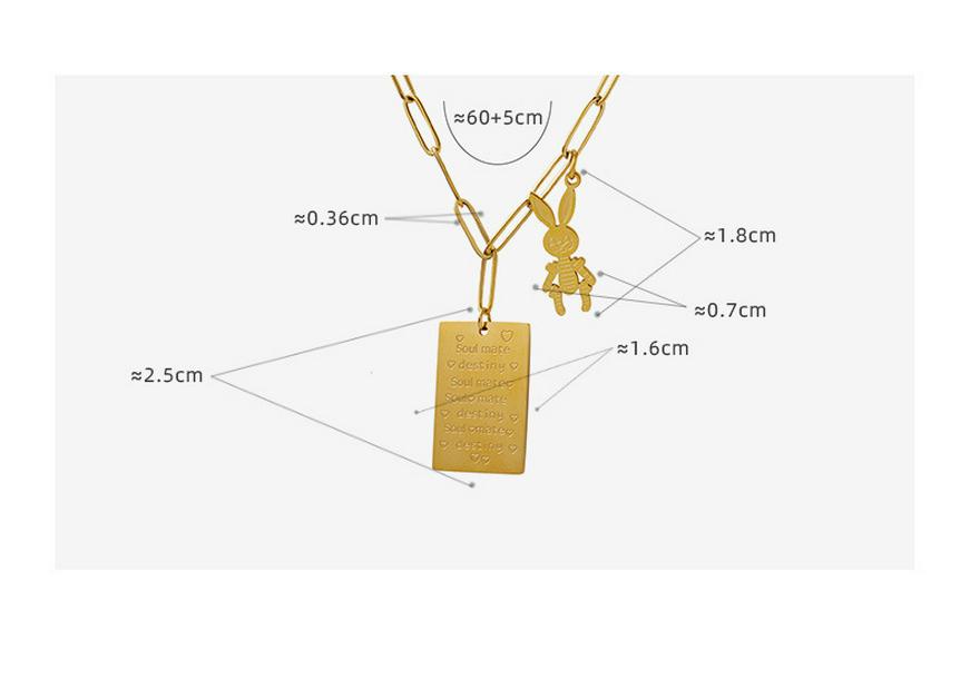 Love Letter Rabbit Pendant Necklace: Rectangle, Long Chain, Fade-Resistant Gold-Plated Titanium Steel.