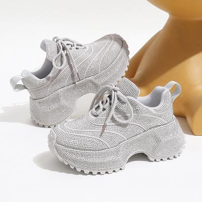 Dámské boty ve stylu "Dad Shoes" s platformou a vysokou podrážkou zdobené diamanty a Dámské sportovní boty s platformou