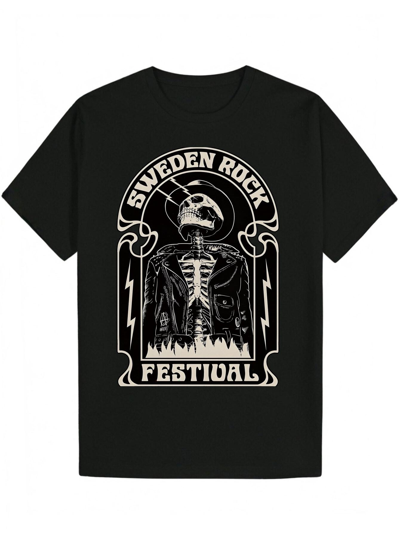 Skull Rock Festival Graphic T-shirt - Black Casual Crew Neck Tee with Edgy Skull Design XL
