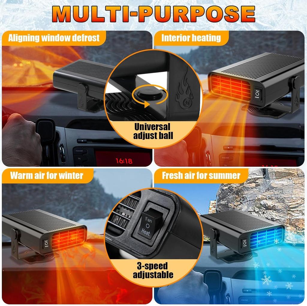 Autositzheizung, 12V Tragbarer Heizlüfter für Auto, 360° drehbarer Defroster für Auto-Windschutzscheibe, 2-in-1 Heiz- und Kühlventilator