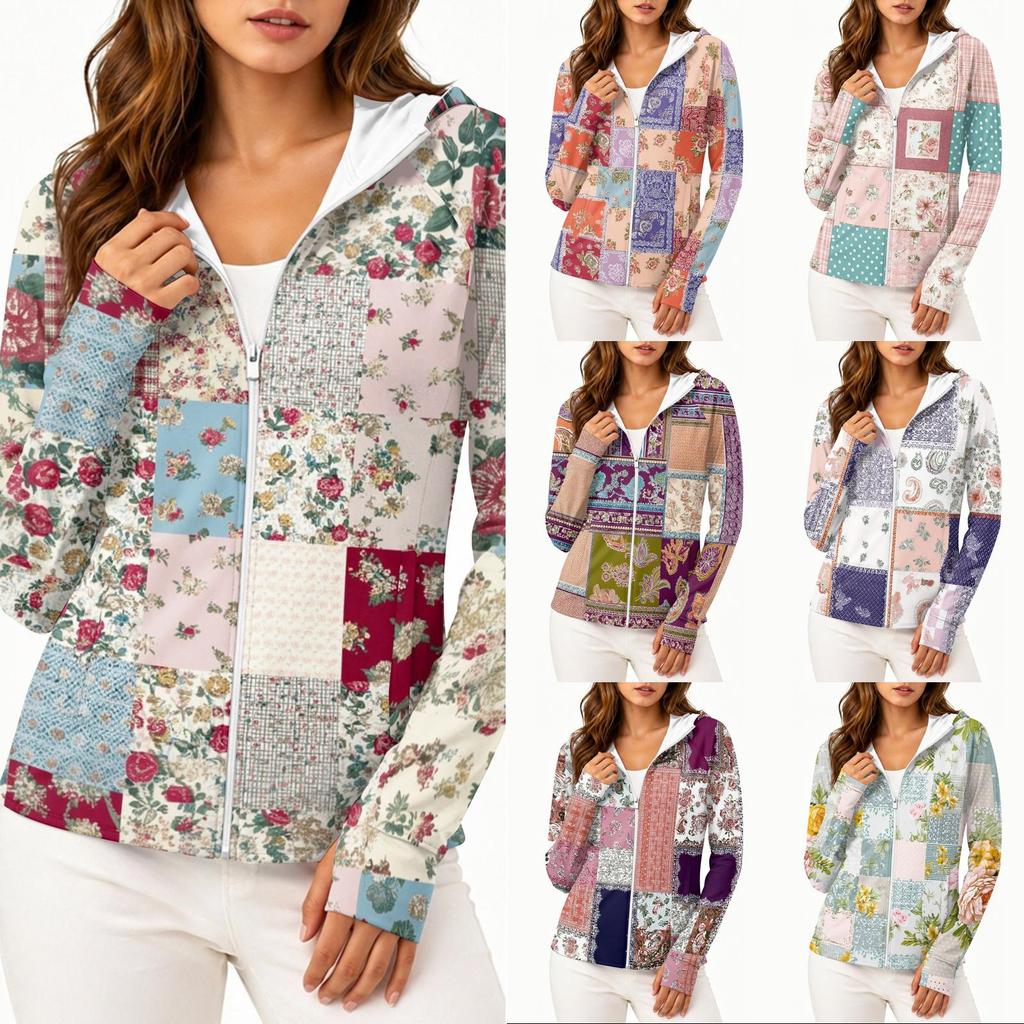 Women's Fashion Zip Up Hooded Long Sleeve Jacket With Tie- Print & Pockets