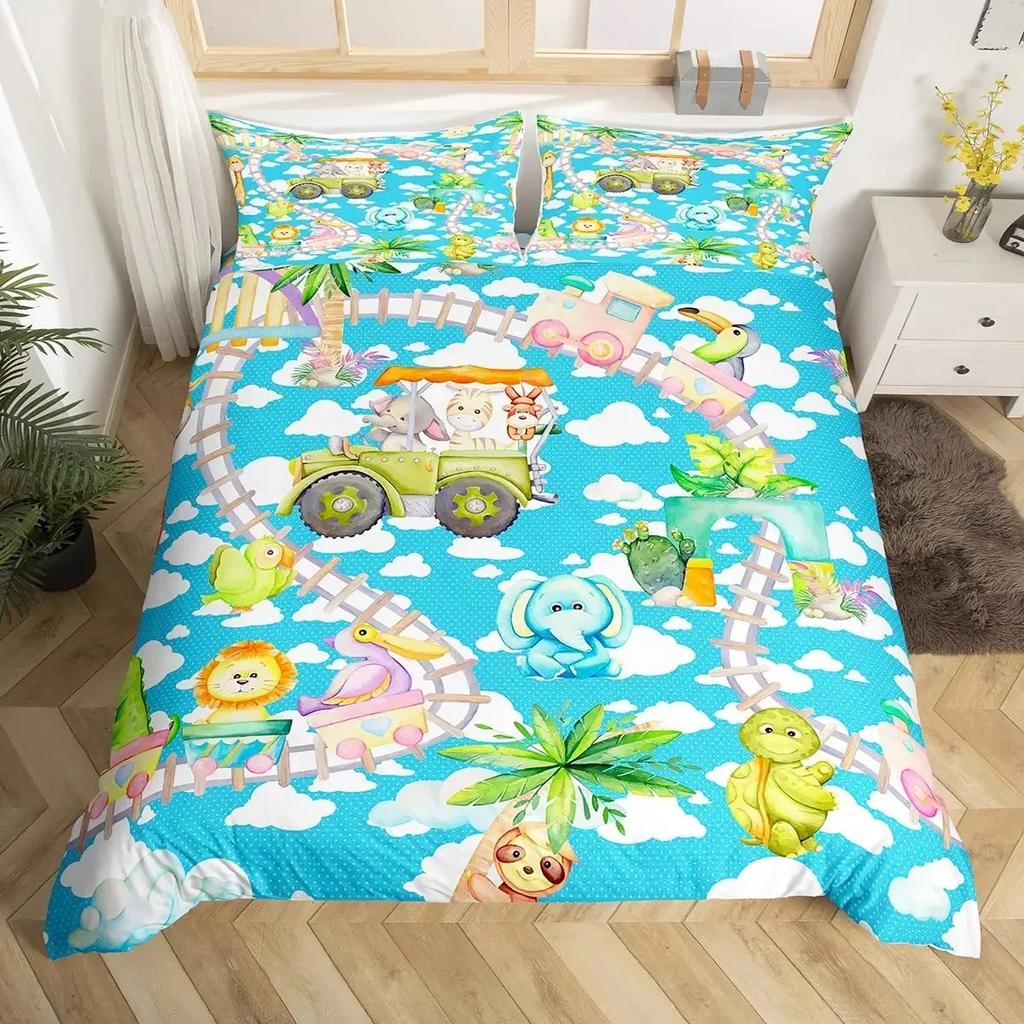 Cartoon-Zug Bettwäsche-Set Ausrüstung LKW Bettwäsche-Set Baufahrzeug Traktor Bettdeckenbezug für Jungen Steppdeckenbezug-Set