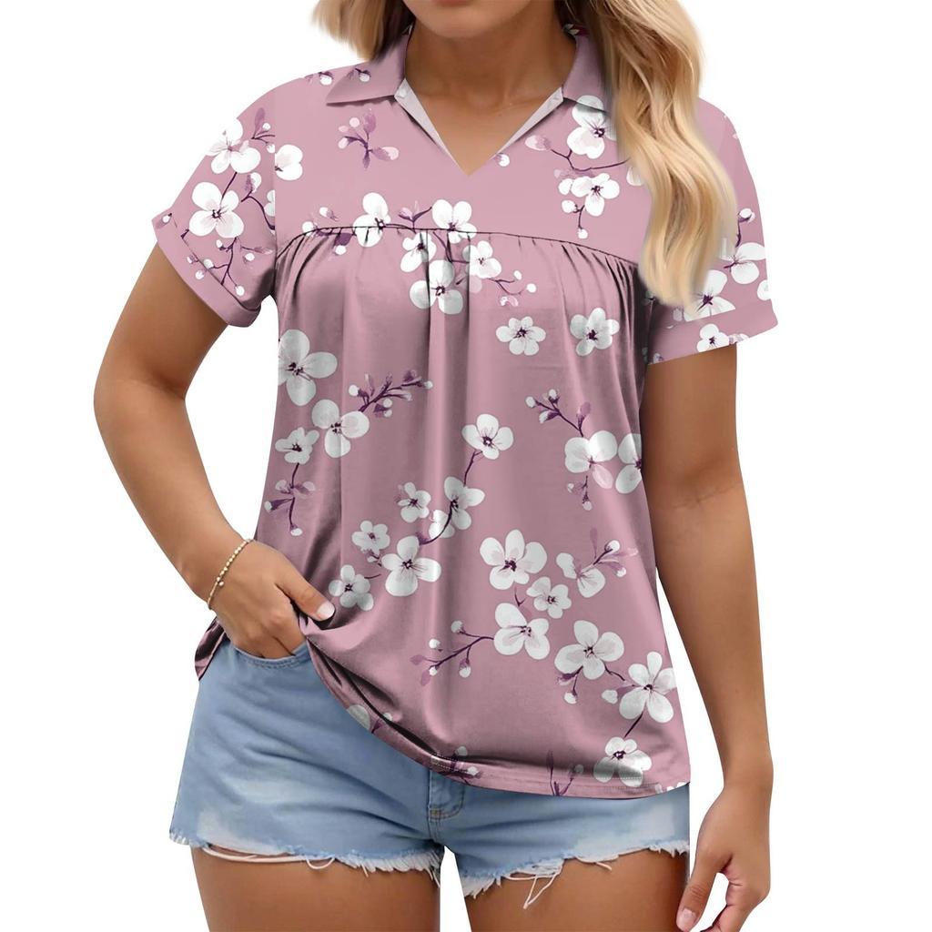 Women's Fashion Casual Printed V-Neck Short Sleeve Large Size T-Shirt Top
