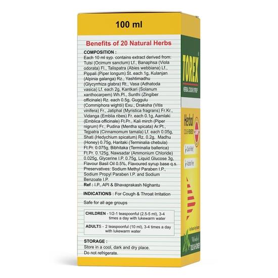 Torex Herbal Cough Syrup-Ayurvedic Cough Relief Syrup with Tulsi and Honey-100ml (Pack of 1)