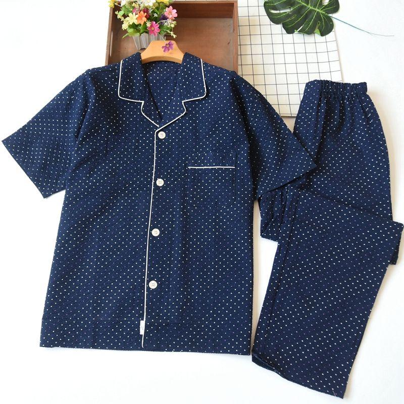 

Daily Order Men Woven Pure Cotton Polka Dot Short Sleeve Pants Pajamas Summer Thin Cotton Homewear Suit Dark Blue M