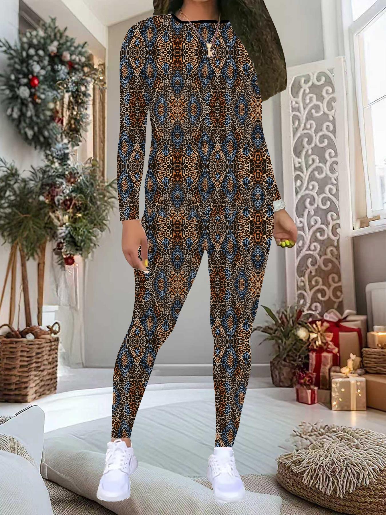 

Женский костюм-двойка с абстрактным принтом: Топ с длинным рукавом и круглым вырезом и брюки, праздничный лимитированный повседневный костюм для вечеринки в подарок XXL коричневый