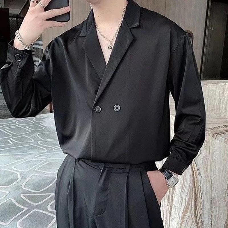 Spring and Autumn Fashion Advanced Loose Casual Business Flip Collar Double Breasted Buckle Solid Color Long Sleeved Shirt