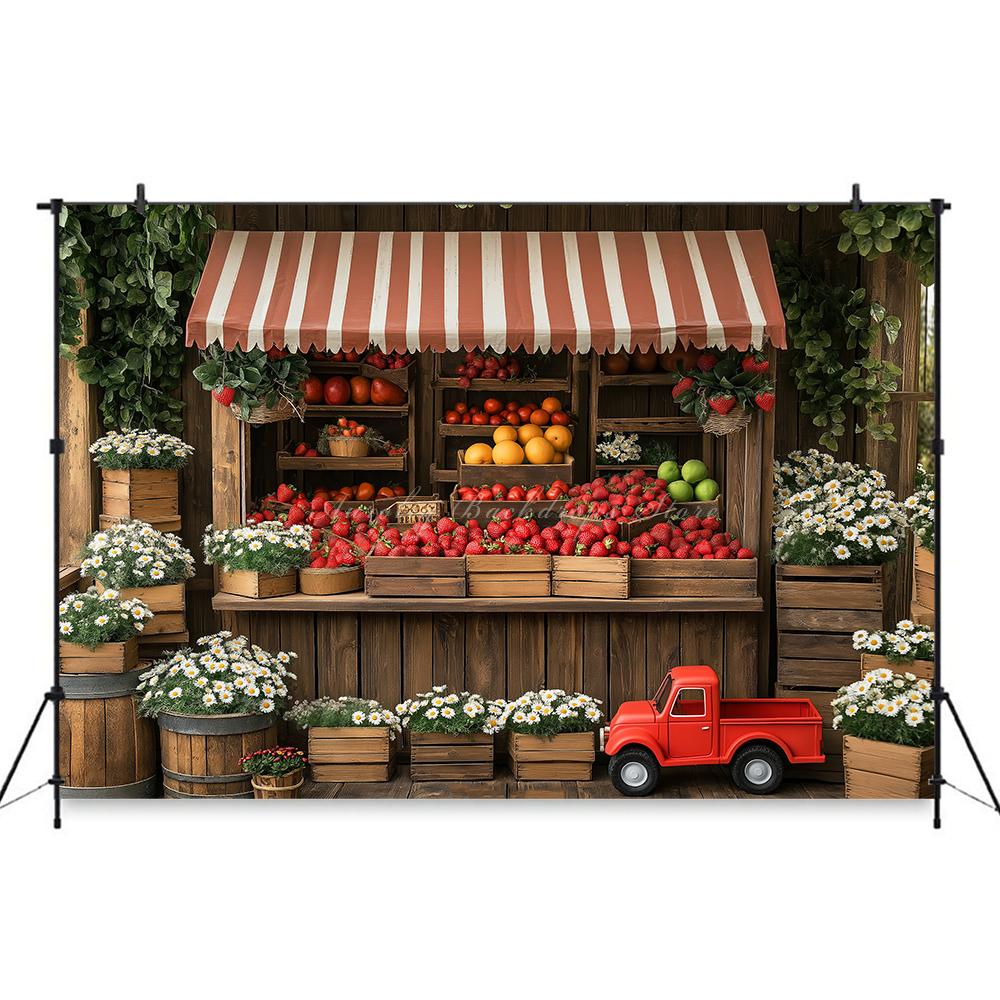 Rural Barn Door Strawberry Themed Birthday Party Background, Children's Birthday Party Decoration Photography Studio Background
