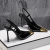 Summer Women's High-heeled Sandals Gold Iron Head Patent Leather Black Stiletto Square Head Closed Toe Sling Back Shoes