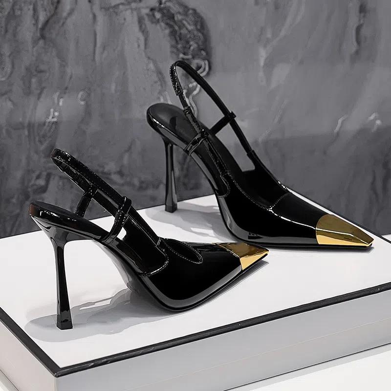 Summer Women's High-heeled Sandals Gold Iron Head Patent Leather Black Stiletto Square Head Closed Toe Sling Back Shoes