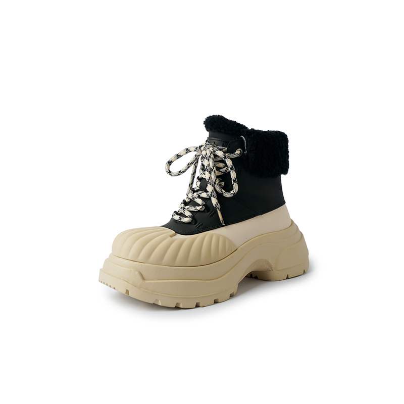 Krazing Pot Cow Leather Wool Blend Winter Round Toe Platform Snow Boots Lace Up Design Women Keep Warm Ankle Boots