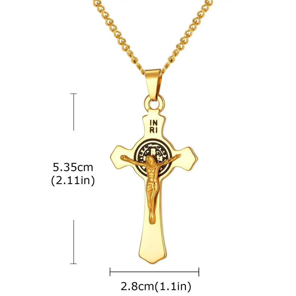 Vnox Stainless Steel Saint Benedict Cross Necklace, 28*53.5mm Jesus Crucifix Pendant Link Chain, Catholic Religious Gift for Men
