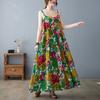 Real Shot Summer New Literary Large Size Loose Cotton and Linen Printing Suspender Dress Women's Medium and Long