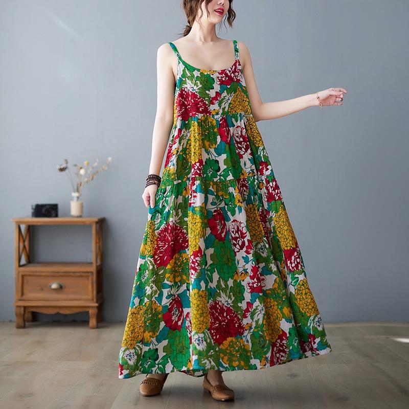 Real Shot Summer New Literary Large Size Loose Cotton and Linen Printing Suspender Dress Women's Medium and Long