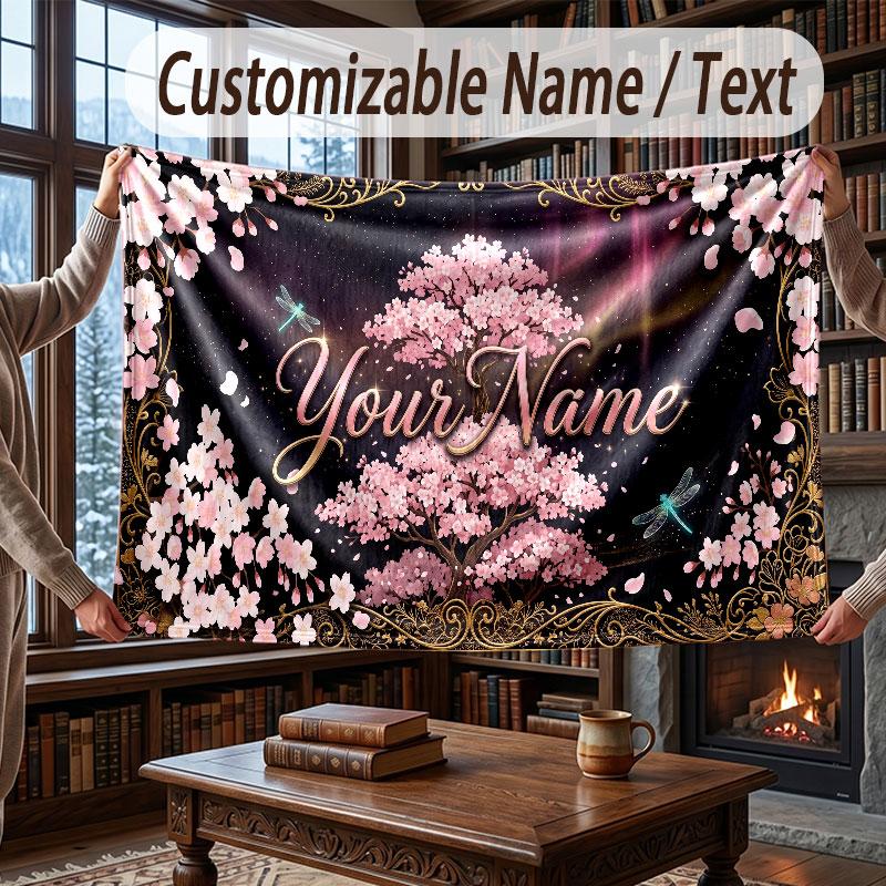 Floral Garden Theme Throw Blanket Custom Name Text Personalized Blanket Soft Cozy Blanket for Home Sofa Bed